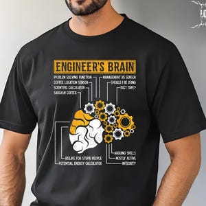 May include: Black t-shirt with a graphic of an engineer's brain, featuring labeled sections like "Problem Solving Function" and "Arguing Skills." The design includes a brain illustration with gear-like elements and the text "ENGINEER'S BRAIN."