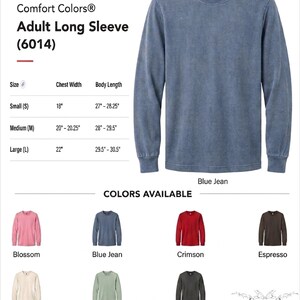 The image is a collage of various long-sleeved t-shirts in different colors, including Blue Jean, Crimson, Espresso, Ivory, Light Green, and Pepper.