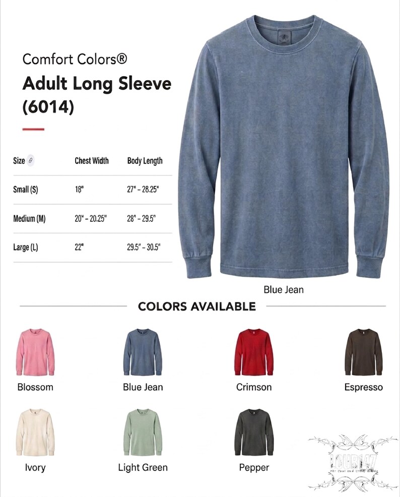 The image is a collage of various long-sleeved t-shirts in different colors, including Blue Jean, Crimson, Espresso, Ivory, Light Green, and Pepper.