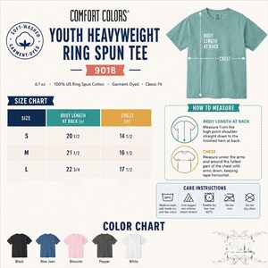 The image is a detailed size chart and color chart for a youth heavyweight ring spun t-shirt. It provides measurements for different body sizes and corresponding t-shirt colors.