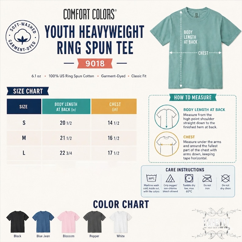 The image is a detailed size chart and color chart for a youth heavyweight ring spun t-shirt. It provides measurements for different body sizes and corresponding t-shirt colors.
