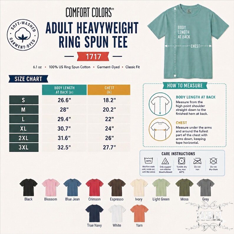 The image is a detailed size chart for an adult heavyweight ring spin t-shirt, providing measurements and corresponding shirt colors.