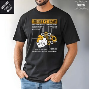 May include: A black t-shirt featuring a graphic of a brain composed of gears and text that reads ENGINEER'S BRAIN, with labels pointing to different sections including Problem Solving Function, Coffee Location Sensor, and Management BS Sensor.