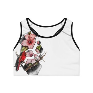 Floral Sports Bra with Cardinal Design, Activewear, Workout Top, Fitness Apparel, Gift for Her, Floral Print Sports Bra