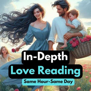 Peut inclure: Une illustration numérique d'une famille avec une femme en robe bleue, un homme en chemise blanche et un enfant en chemise marron. La famille est debout dans un champ de fleurs avec un panier de fleurs au premier plan. Le texte "In-Depth Love Reading Same Hour-Same Day" est affiché dans un cadre noir avec une bordure bleue.