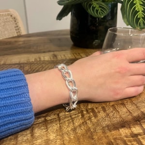 Chunky Sterling Silver Cuff Bangle Bracelet Bangle, Silver Bangle & Chain Link Bracelet, Gift for Her, Birthday Anniversary Silver Jewelry
