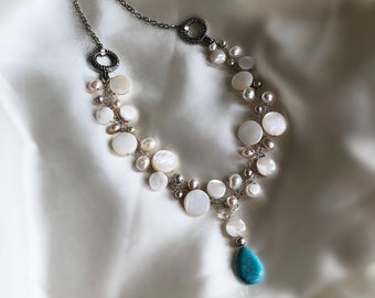 Pearl, Mother of Pearl Necklace with Blue Jasper Drop