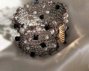 Pearl and Onyx Woven Wire Cuff Bracelet