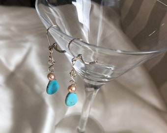 Dangle Earrings with Champagne Pearls and Blue Jasper Drop