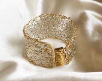 Woven Cuff Bracelet in Silver Plate and Gold Tone Artist Wire with Citrine