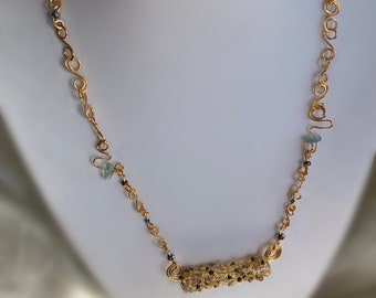 S Chain and Barrel Necklace | Gold Tone Artist Wire with Kyanite and Mixed Glass Beads