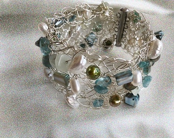 Wide Cuff with Pearl, Kyanite, Fluorite & Shell