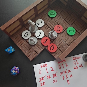 May include: A tabletop game board with a wooden frame and a brown and white tiled surface. There are small figures and dice on the board. The board is labelled with numbers and colours, including red, white, and green. The text on the board reads "RED 0 1 2 32 32 28 21", "WHITE 012", and "GREEN 01 45 45".