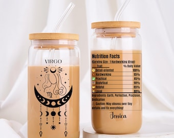 Signo do zodíaco Copo de café de vidro Zodíaco presente de aniversário personalizado para melhor amigo Presente de astrologia Presentes de lua celestial Presente de natal do zodíaco