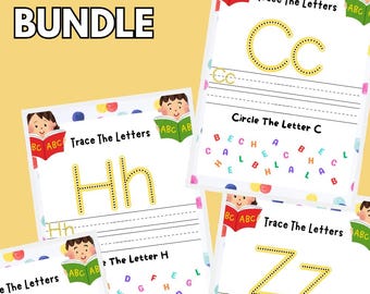 May include: A set of printable alphabet worksheets for kids. Each worksheet features a different letter of the alphabet with tracing and circling activities. The worksheets are colorful and feature illustrations of children.