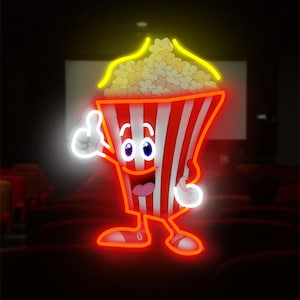 Popcorn Neon Sign LED Wall Art, Movie Theater Wall Decor, Home Cinema Lighting, Fast Food Bar Sign, Unique Gift for Film Lovers