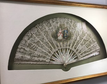 Antique Belgian Handmade Lace Fan: Glorious Detail/Signed Painting with Extensive Mother of Pearl Ribs with Brass/Metal  Detail