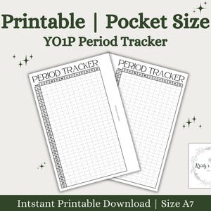 Puede incluir: Dos rastreadores de período imprimibles de tamaño A7 con un diseño de cuadrícula en blanco y negro. Los rastreadores están etiquetados como "Rastreador de período" y tienen un espacio para registrar fechas y síntomas.
