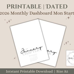 May include: Two white printable 2026 monthly dashboard pages. The left page says "January" in cursive with a calendar below. The right page says "ary". The top text says "PRINTABLE | DATED". The bottom text says "Intstant Printable Download | Size A5".