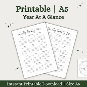 2025 Year At A Glance Printable | A5 Planner Inserts | Monday & Sunday Start | Planner Dashboard | Printable Calendar | Digital Download