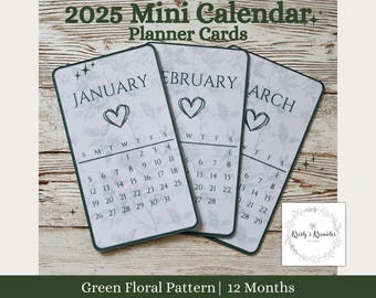 Set of 12 Month Calendar Planner Cards | 2025 Calendar | Green Floral Pattern | Planner Décor | Journal Cards | Sunday or Monday Start