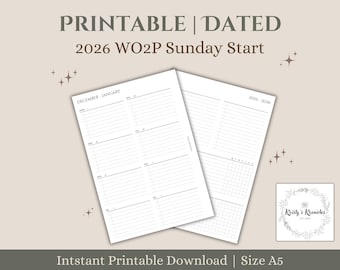 May include: Two white printable planner pages with the text "PRINTABLE | DATED 2026 WO2P Sunday Start". One page is labeled "DECEMBER-JANUARY" and the other "2025-2026". The bottom text reads "Intstant Printable Download | Size A5". A logo is in the bottom right corner.