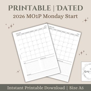 May include: Two printable 2026 monthly calendars, starting on Monday, with January and February displayed. The calendars are in black and white, with a grid layout for each day. The text "PRINTABLE | DATED" and "2026 MO1P Monday Start" are at the top.