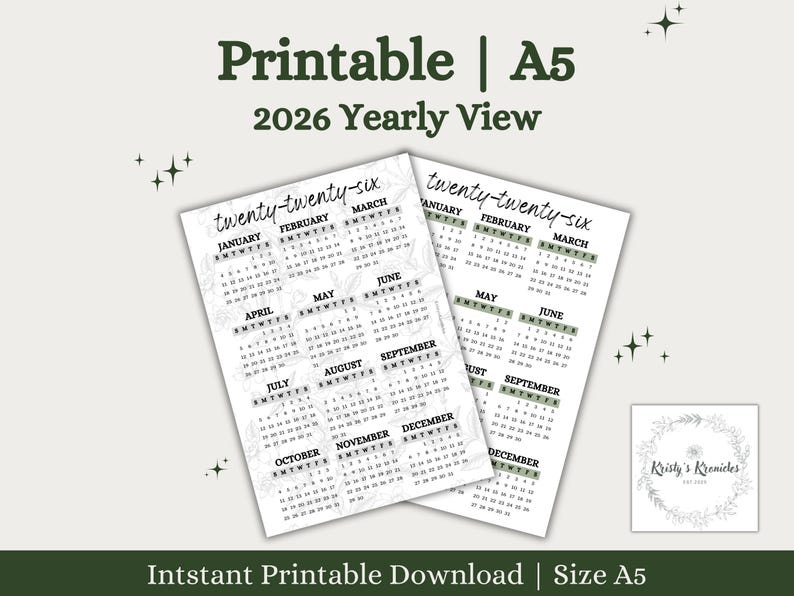 2026 Year at A Glance | A5 Planner Insert | A5 Planner Dashboard | Year ...