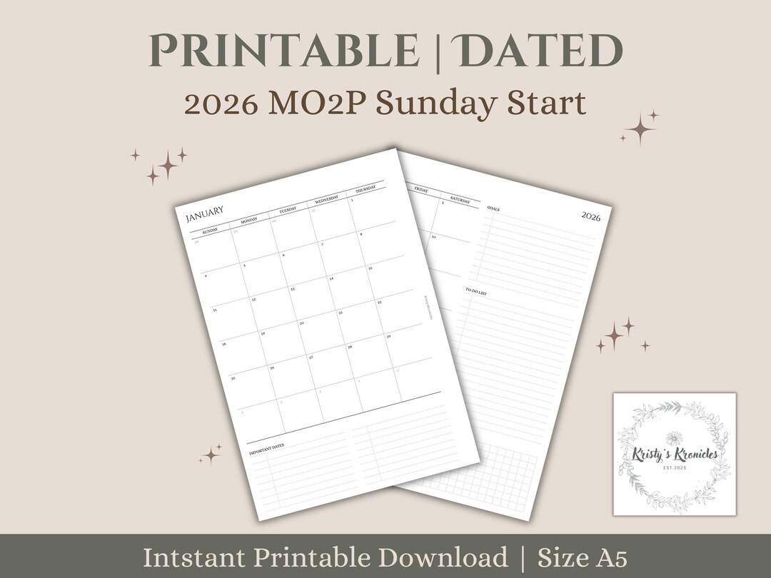 2026 A5 Dated MO2P Sunday Start Printable | Month on Two Pages ...