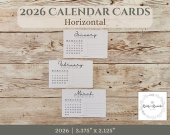Set of 2026 Horizontal Calendar Planner Cards | Full 12 Month Journalling Cards | Sunday or Monday Start | Task Cards | Minimal