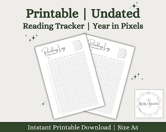 May include: Printable reading tracker with a year in pixels design. The tracker is undated and has a grid of squares for logging books read. The text "Reading Log" is written in cursive at the top of the page.