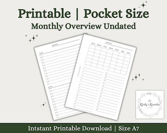 Puede incluir: Dos páginas blancas imprimibles de planificador mensual sin fecha de bolsillo. Una página tiene una lista de tareas y una sección de notas, la otra tiene una cuadrícula de calendario. El texto incluye "Printable | Pocket Size Monthly Overview Undated".