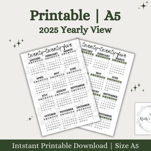 2025年の概要 | A5プランナーインサート | A5プランナーダッシュボード | 1年間を1ページで印刷可能 | YO1P | デジタルダウンロード