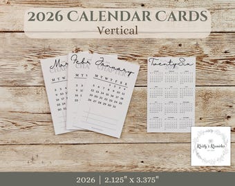 Set of 2026 Vertical Calendar Planner Cards | Full 12 Month Journalling Cards | Sunday or Monday Start | Task Cards | Minimal