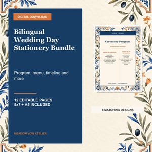 May include: A digital download bundle of bilingual wedding day stationery featuring 12 editable pages in 5x7 and A5 sizes. The design includes a ceremony program with English and Spanish text, framed by blue and orange floral botanical illustrations.