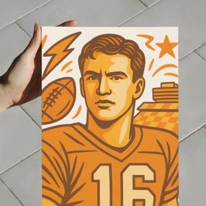 May include: Illustration of a football player in an orange jersey with the number 16. The artwork features a football, lightning bolt, and star. The color palette is primarily orange and tan.