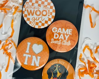 Rocky Top Woo Girl – 4 Pack (Big 3 Inch Buttons) | Tennessee Game Day Buttons | Tennessee Volunteers | Smokey | Go Vols | Game Day Button