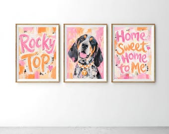 Conjunto de láminas imprimibles para pared de Tennessee / Lámina Rocky Top, Smokey, Home Sweet Home to Me / Decoración para dormitorio inspirada en la Universidad de Tennessee / Trío descargable de 8x10