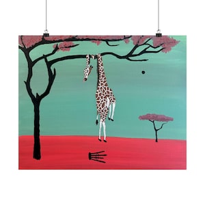 May include: A painting featuring a giraffe hanging upside down by its hooves from a black tree branch with pink leaves. The background is a teal sky over a vibrant red ground, with a small black stool on the ground and a distant pink tree.