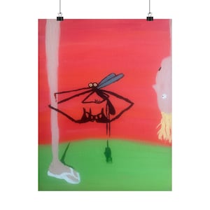 May include: An abstract painting featuring a stylized dragonfly with a black body and blue wings against a red and green background. A leg with a sandal is on the left, and a face is on the right.