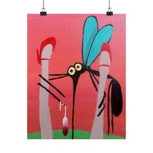 May include: A whimsical painting of a mosquito with large blue wings and yellow eyes, positioned between two painted figures wearing red high heels. The background is a gradient of pink and red, with a green base.