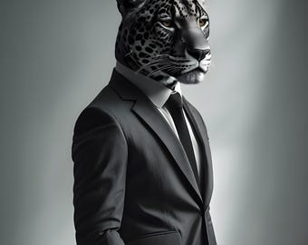 Jaguar in Black Suit Digital Art Print – Anthropomorphic Animal Wall Art – Sleek Bold Portrait – Instant Download Decor