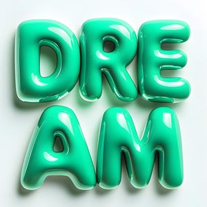 May include: The word "DREAM" spelled out in bright green, glossy, balloon-like letters.
