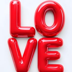 May include: The word "LOVE" spelled out in large, red, glossy, balloon-like letters.