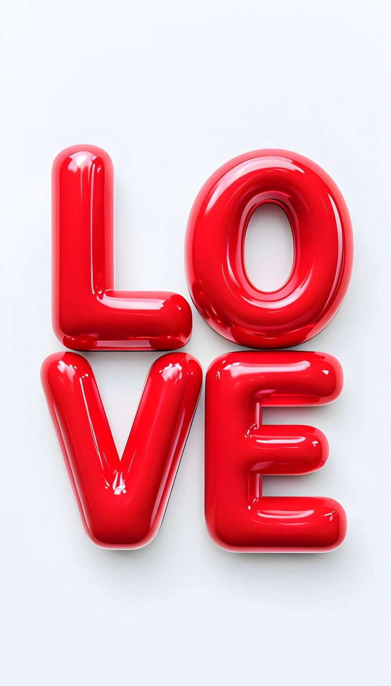 May include: The word "LOVE" spelled out in large, red, glossy, balloon-like letters.