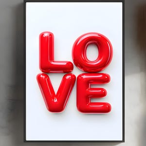 May include: A framed print with the word "LOVE" in large, red, glossy letters. The letters are stylized to look like inflated balloons.