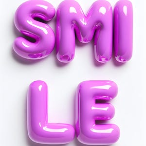May include: The word "SMILE" spelled out in pink, glossy, balloon-like letters.