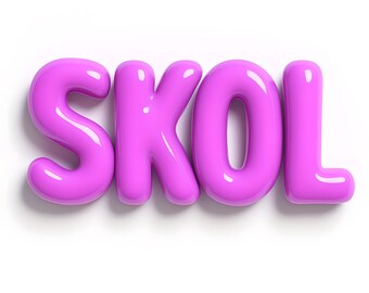 May include: A vibrant, glossy, magenta-colored word "SKOL" in a 3D bubble font, set against a clean white background. The letters have a smooth, reflective surface, creating highlights and shadows.