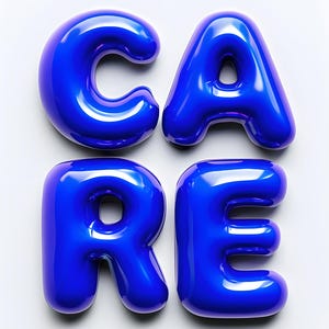 Arte de parede digital CARE - Impressão de letras de balão 3D - Tipografia motivacional - Arte de palavra azul - Decoração de casa moderna - Download instantâneo