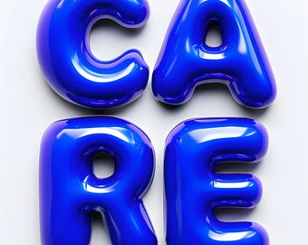 May include: The word "CARE" spelled out in large, blue, glossy, balloon-like letters.